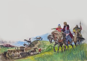 König Offa (757-96) beobachtet den Bau seines Deiches