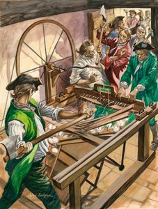 Arbeiter greifen das Haus von James Hargreaves in Blackburn an, um seine Erfindung, die Spinning Jenny, zu zerstören von Peter Jackson