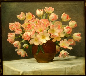 Tulpen in einer Vase auf einem drapierten Tisch von Peter Johan Schou