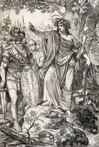 Feldzüge des Germanicus: „Nero Claudius Drusus Germanicus (38-9 v. Chr.) und seine Armee treffen eine junge Frau in den Regionen zwischen Weser und Elbe, um 12 v. Chr.“ (Eroberung Germaniens: römischer General Nero Claudius Drusus Germanicus und seine Arme