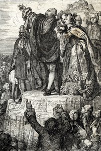 Feier der ersten Nationalen Föderation am 14. Juli 1790 auf dem Altar des Vaterlandes im Champs-de-Mars, anlässlich des ersten Jahrestages der Eroberung der Bastille: König Ludwig XVI., umgeben von seiner Familie, schwört auf die Verfassung