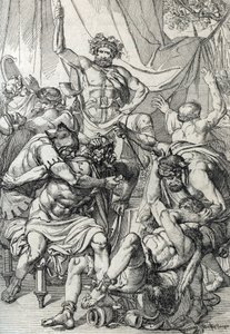 Heptarchie: Darstellung des angelsächsischen Anführers Hengist (5. Jahrhundert), der seine Feinde tötet, um das Königreich Kent zu gründen, um 461. Federzeichnung von Peter Johann Nepomuck Geiger