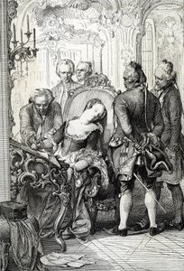 Königin Caroline Mathilde von Dänemark gezwungen, die Scheidungsdokumente nach ihrem außerehelichen Abenteuer 1772 zu unterzeichnen von Peter Johann Nepomuck Geiger