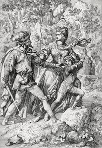 Königin von England Margaret von Anjou (1430-1482) und ihr Sohn Edward werden während ihrer Flucht nach dem Triumph der Yorkisten von einem Räuber gerettet