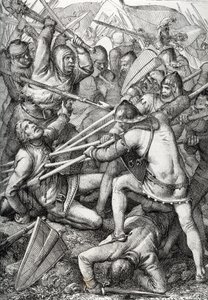 Die Schlacht von Sempach, 9. Juli 1386, zwischen Leopold III., Herzog von Österreich, und der Alten Eidgenossenschaft, Zeichnung von Anton Ziegler