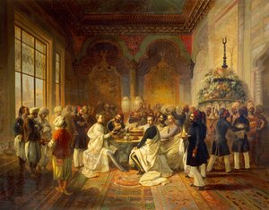 Mittagessen in Smyrna von Halim Pascha, Illustration aus Die Reise von Maximilian von Habsburg und seinem Bruder Karl Ludwig im Mittelmeer, von Peter Johann Nepomuk Geiger