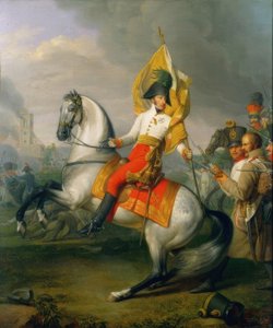 Erzherzog Karl mit der Fahne des Regiments Zach in der Schlacht von Peter Krafft