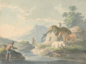 Ländliche Szene: Mann angelt, links; Hütte mit Wassermühle und Pferden rechts von Peter La Cave