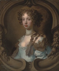 Porträt von Lady Frances Norcliffe (1654-1731), büste, in einem hellblauen Kleid mit einer Perlenbrosche, in einem skulptierten Kartusche von Peter Lely