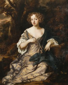 Porträt einer Dame, ganzfigur, in einer bewaldeten Landschaft, in einem violetten Seidenkleid mit weißen Ärmeln und Verzierungen von Peter Lely
