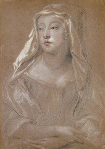 Porträt einer jungen Dame, traditionell identifiziert als Sarah Jennings, Herzogin von Marlborough, halbe Länge, ein Buch haltend, ihre Hände auf ihrem Schoß gekreuzt, ihr Kopfschmuck auf ihre Schultern drapiert, 1667 von Peter Lely