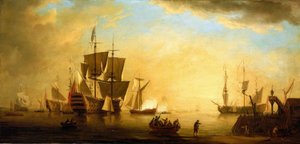 Ein britisches Gebäude mit anderen verankerten Schiffen, in der Dämmerung. Öl auf Leinwand, frühes 18. Jahrhundert, von Peter Monamy