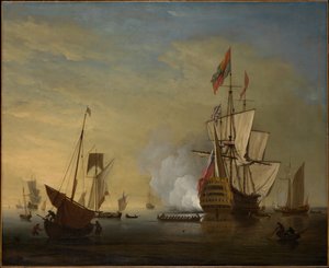 Hafenszene: Ein englisches Schiff mit gelockerten Segeln feuert eine Kanone ab von Peter Monamy