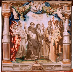 Flämischer Wandteppich. Serie Der Triumph der Eucharistie. Die Verteidiger der Eucharistie. Zehnter Wandteppich der Serie. Modell Peter Paul Rubens. 1626-1628. Herstellung Jan II Raes, Hans Vervoert, Jacques Fobert, Brüssel von Peter Paul (after) Rubens