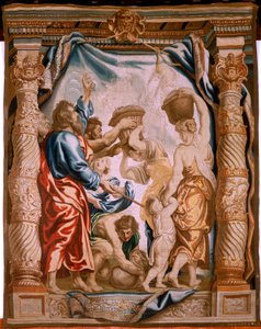 Flämischer Wandteppich. Das Herabfallen des Manna in der Wüste (La caída del maná en el desierto). Serie Der Triumph der Eucharistie. Dritter Wandteppich der Serie. Modell Peter Paul Rubens. 1626-1628. Herstellung Jan II Raes, Jacob II Geubels, Hans Vervoe
