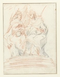 König und Königin auf einem Thron, hinter ihnen steht Fama Christus und Maria