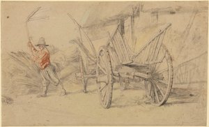 Ein Mann beim Dreschen neben einem Wagen, Farmgebäude dahinter von Peter Paul Rubens
