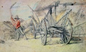 Ein Mann beim Dreschen mit einem Bauernwagen im Vordergrund