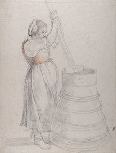 Ein Bauernmädchen beim Butterrühren