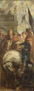 Könige Clothar und Dagobert streiten mit einem Herold des Kaisers Mauritius. Skizze für das Hochaltarbild, St. Bavo, Gent, 1611 von Peter Paul Rubens