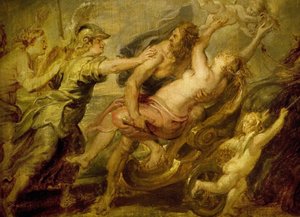 Die Entführung der Proserpina um 1636, von Peter Paul Rubens (1577-1640), Proserpina, römische Göttin der Jahreszeiten, entführt von Pluto, dem Gott der Unterwelt, um sie zu seiner Frau zu machen; Minerva, Venus und Diana versuchen zu helfen von Peter Paul Rubens