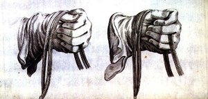Studie von zwei behandschuhten Händen, die die Zügel eines Doppelzaums halten, aus 