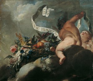 Zwei Putti mit Blumen, Früchten und Spruchband von Peter Strudel