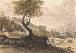 Hügelige Szene mit Dorf und Reiter von Peter Tillemans