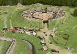 Zuschauer kommen im römischen Amphitheater von Silchester an, ca. 250 n. Chr., ca. 1990-2010 von Peter Urmston