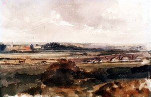 Weitläufige Landschaft mit einer Steinbrücke von Peter de Wint