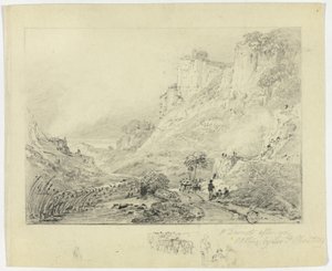 Figuren und Pferdekarren in Landschaft mit Klippen von Peter de Wint