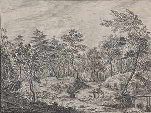 Waldlandschaft mit einem Reiter, der mit einem Mann in der Mitte spricht, eine Fußbrücke rechts von Peter von Bemmel