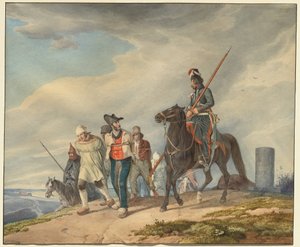 Drei bewaffnete Reiter eskortieren Gefangene in der Nähe von Reims von Peter von Hess