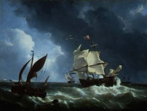 Niederländische Fregatte, die in einem Sturm vor Anker geht von Petrus Johann Schotel