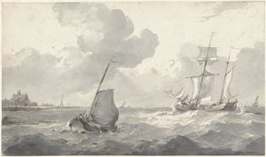 Zweimaster und Fischerboot vor der Küste von Petrus Johannes Schotel