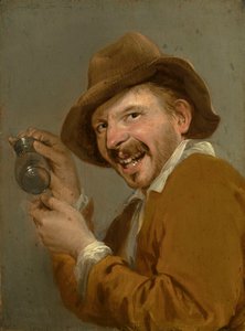 Geschmack: Ein lachender Mann mit einem umgedrehten Glas. Aus der Serie Personifikationen der fünf Sinne, ca. 1635-66 von Petrus Staverenus