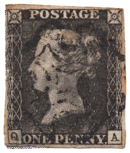 One Penny Black, die erste Briefmarke der Welt (ca. 1840)