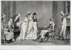 Die Orange oder das moderne Urteil des Paris Parodie des Urteils des Paris, inszeniert einen jungen Mann in der Mode des Directoire, der zwischen drei Wunderschönen wählt. Drucke von Philibert Louis Debucourt, um 1800