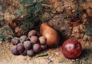 Trauben, Apfel und Birne auf einem moosigen Ufer von Philip Dolan