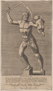 Saturn, Statue des nackten Gottes, der auf einem Sockel steht und eine Sense in der rechten Hand hält von Philip Galle
