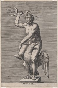 Tafel 2: Jupiter, Statue des nackten Gottes, der auf einem Adler sitzt und einen Doppeltrident hält, 1586 von Philip Galle