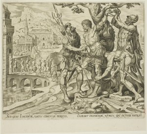 Die Israeliten finden Achior an einen Baum gebunden, Platte zwei aus Die Geschichte von Judith und Holofernes von Philip Galle