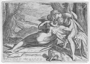 Venus und Adonis, aus der Serie Die Geschichte von Adonis, ca. 1579 von Philip Galle