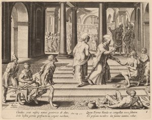 Die Heiligen Petrus und Johannes heilen einen Krüppel am Tempeltor von Philip Galle after Maerten van Heemskerck