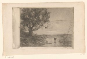 Landschaft mit Kalb im Wasser und Mann unter einem Baum