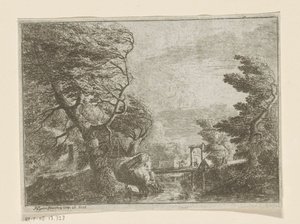 Stürmische Landschaft mit Bäumen neben einer Brücke über einen Fluss von Philipp Hieronymus Brinckmann