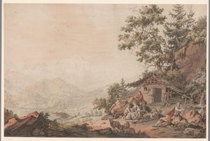 Familie bei einem Haus in den Bergen