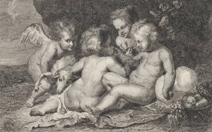 Eine Gruppe von drei Kindern und ein Putto mit Früchten und einem Lamm von Philippe Lambert Joseph Spruyt