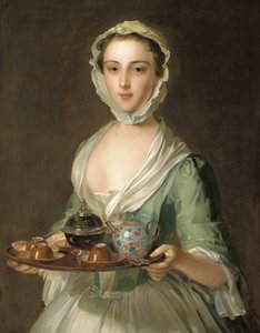 Porträt einer jungen Frau, möglicherweise Hannah, das Dienstmädchen des Künstlers, mit einem Teetablett von Philippe Mercier