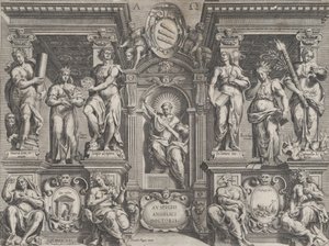 Allegorischer Thesendruck mit verschiedenen Figuren in einer architektonischen Struktur